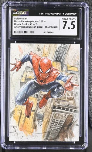 Front of CGC 7.5 graded Spider-Man 1 of 1 sketch card from 2023 Marvel Masterpieces featuring dynamic city swing artwork by Thumbtack.