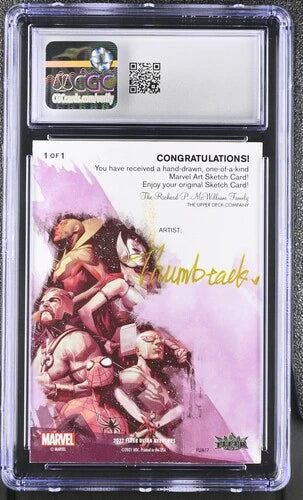 Back of 2023 Fleer Ultra Avengers Wolverine sketch card showing Artist Proof 1/1 designation and Thumbtack signature.