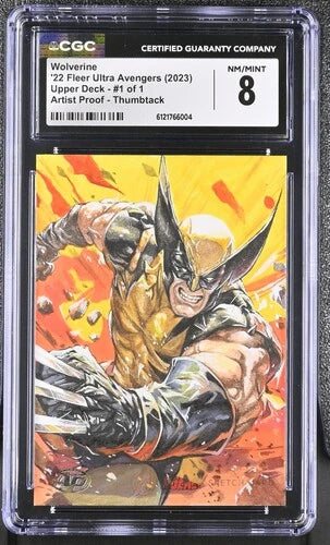 Front of CGC 8 graded Wolverine 1 of 1 Artist Proof sketch card from 2023 Fleer Ultra Avengers featuring dynamic action artwork by Thumbtack.