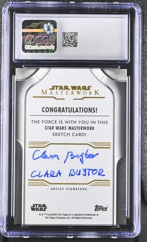 Back of 2025 Star Wars Masterwork Mandalorian sketch card showing 1/1 designation and Clara Bujtor signature.