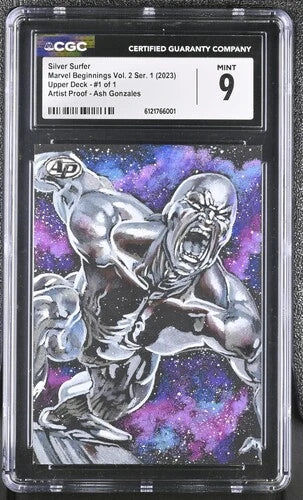 Front of CGC 9 graded Silver Surfer 1 of 1 Artist Proof sketch card from 2023 Marvel Beginnings featuring cosmic galaxy background artwork by Ash Gonzales.

