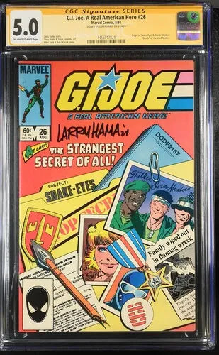 G.I. Joe #26 CGC 5.0 SS comic signed by Larry Hama. Features Snake-Eyes' origin story. A 1984 Marvel key issue in Signature Series slab.


