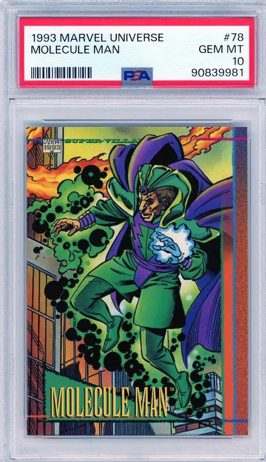 Front of 1993 Marvel Universe #78 trading card featuring Molecule Man in vivid comic art, slabbed PSA 10 GEM MINT.