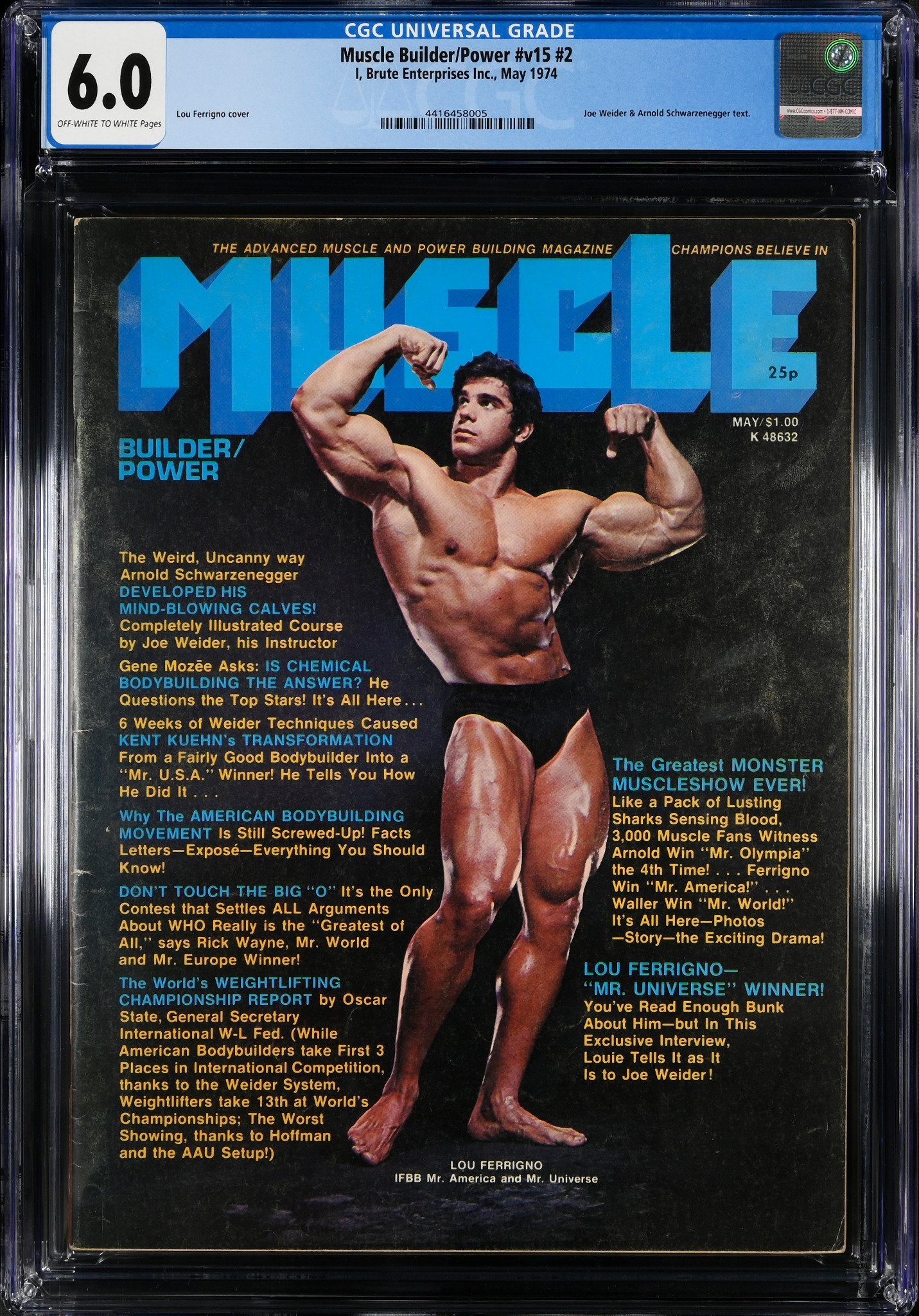 Muscle Builder/Power May 1974, Lou Ferrigno on the cover promoting bodybuilding tips, CGC 6.0 graded vintage magazine.