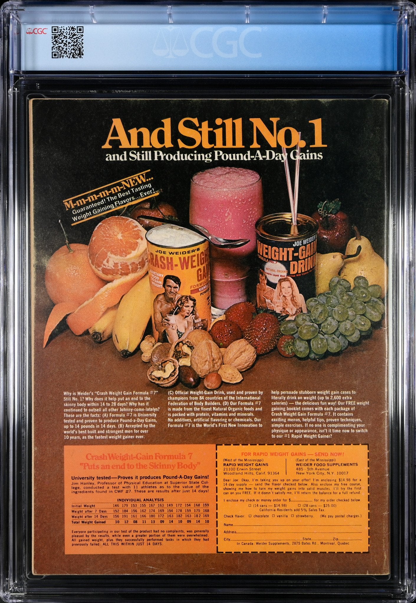 Muscle Builder/Power ad featuring Joe Weider’s weight gain formula and nutritional products with fresh ingredients