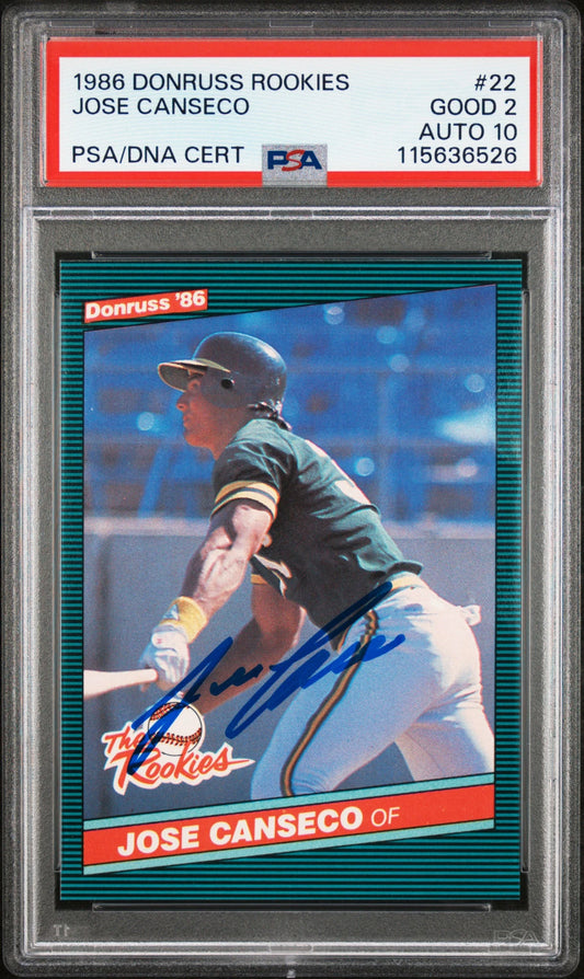 Front of 1986 Donruss Rookies #22 card featuring Jose Canseco with PSA/DNA authenticated signature, graded Auto 10.