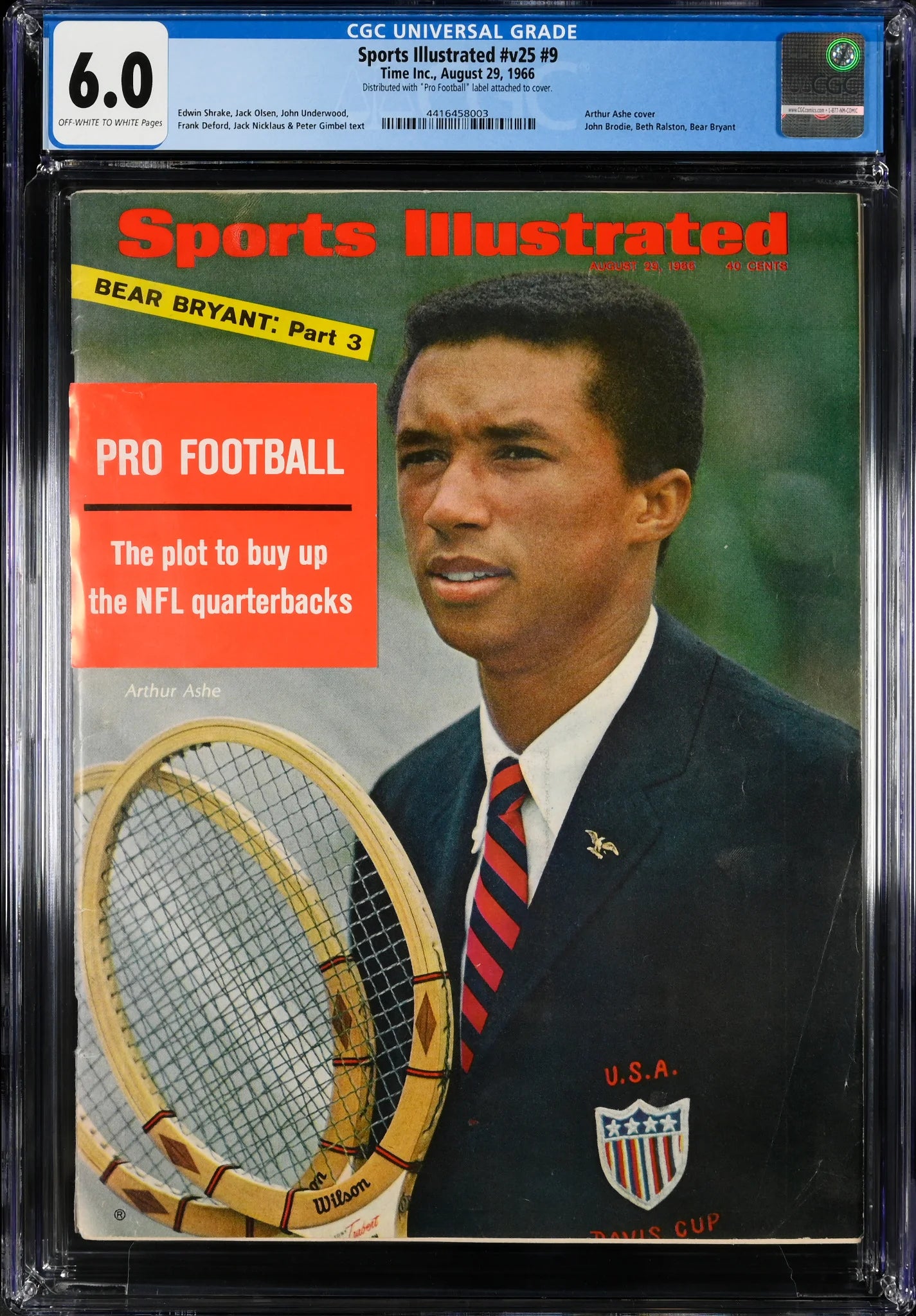 Front cover of Sports Illustrated featuring Arthur Ashe, August 29, 1966, CGC 6.0, discussing pro football and tennis highlights