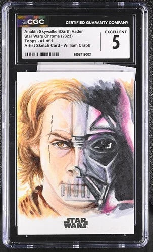 Front view of a Star Wars Chrome sketch card featuring a split portrait of Anakin Skywalker and Darth Vader, hand-drawn by artist William Crabb and encapsulated in a CGC graded holder.