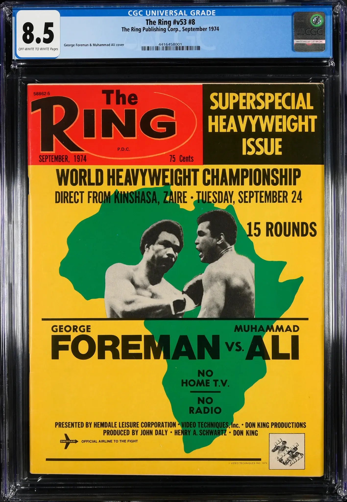 Front cover of The Ring magazine featuring George Foreman vs. Muhammad Ali, September 1974, CGC 8.5, promoting the world heavyweight championship