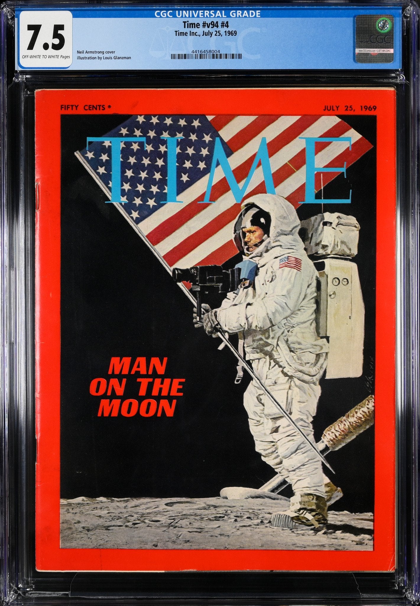 Time Magazine July 25, 1969, featuring Neil Armstrong in astronaut gear standing on the Moon with the American flag, CGC graded 7.5