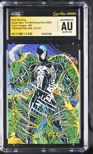 Front view of a 1992 Spider-Man The McFarlane Era #81 Male Bonding trading card signed by Todd McFarlane. Encapsulated in a CGC Signature Series holder with Authentic designation and a perfect Auto Grade 10.